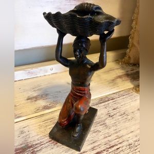 Vintage Bronze Man Holding A Shell Figurine